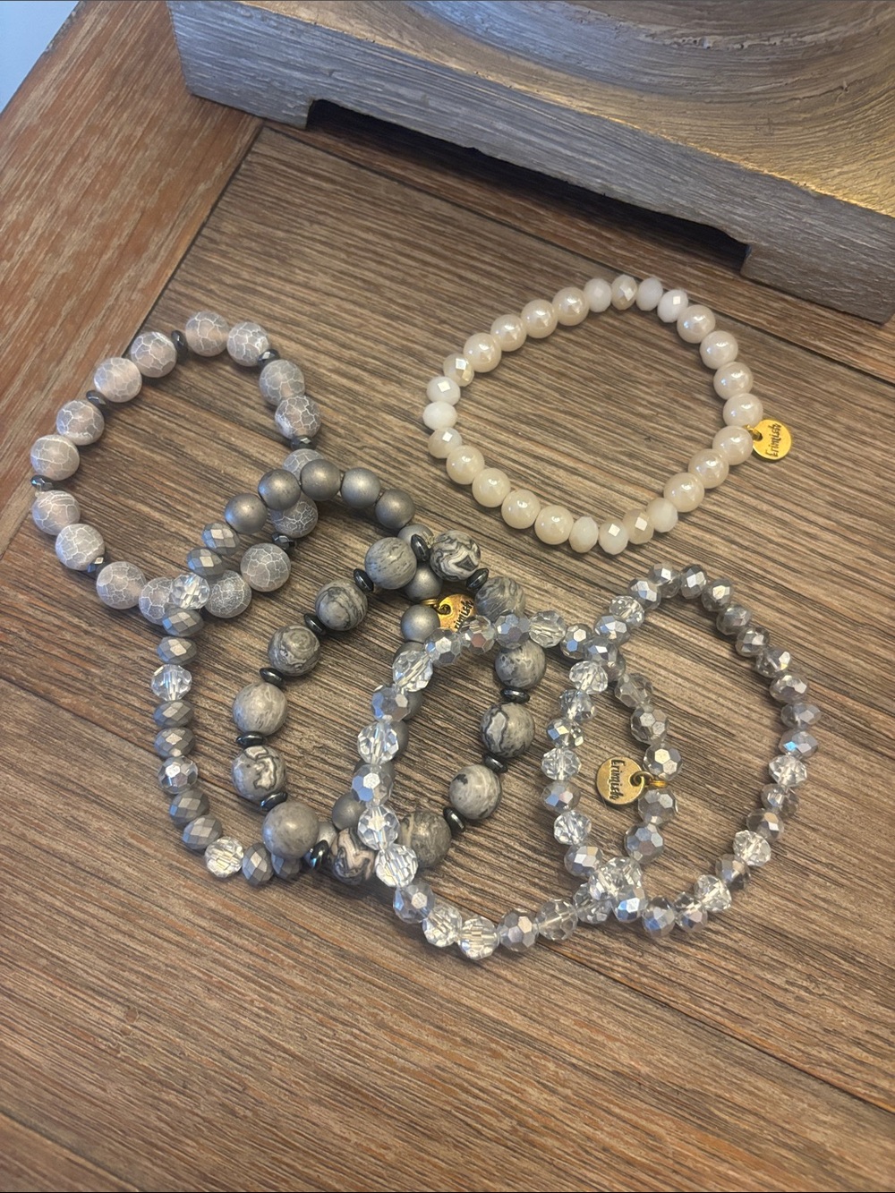 Erimish Grey & Cream Mixed Bead Bracelet Set